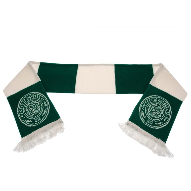 Celtic FC Bar Scarf - Green and White Jacquard Knit Crested Sports Scarf