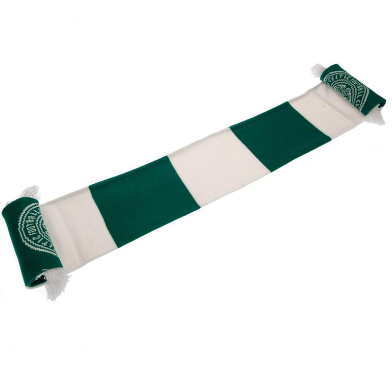 Celtic FC Bar Scarf - Green and White Jacquard Knit Crested Sports Scarf