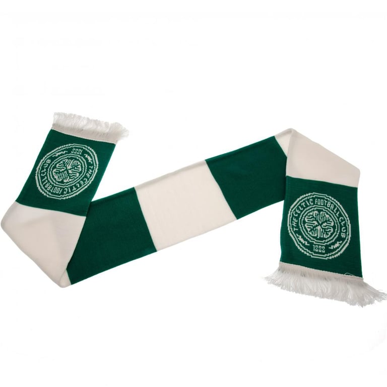 Celtic FC Bar Scarf - Green and White Jacquard Knit Crested Sports Scarf