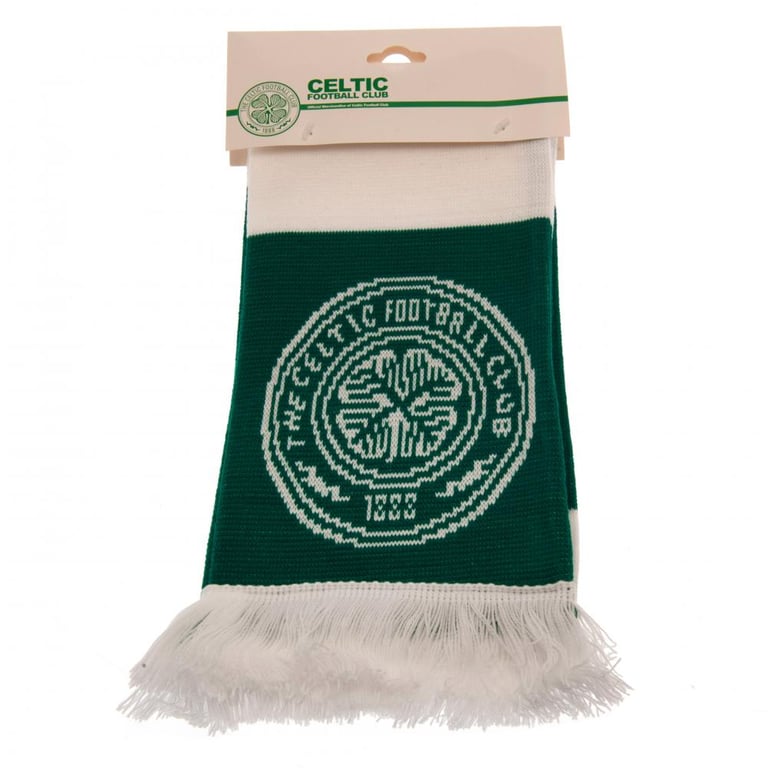 Celtic FC Bar Scarf - Green and White Jacquard Knit Crested Sports Scarf