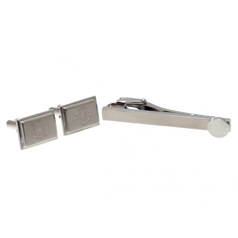 Chelsea FC Tie Slide & Cufflink Set - Stainless Steel Crest Pin and Satin Finish Engraved Links for Executive Style