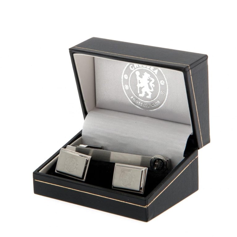 Chelsea FC Tie Slide & Cufflink Set - Stainless Steel Crest Pin and Satin Finish Engraved Links for Executive Style