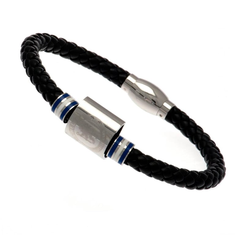 Genuine Leather Chelsea FC Colour Ring Bracelet - Rope Design with Club Crest and Magnetic Clasp