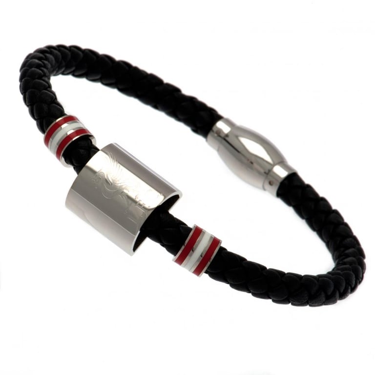 Liverpool FC Genuine Leather Rope Design Bracelet with Stainless Steel Rings and Club Crest Engraving