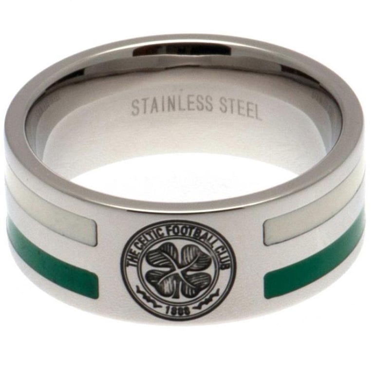 Celtic FC Colour Stripe Stainless Steel Ring - Engraved Crest Design