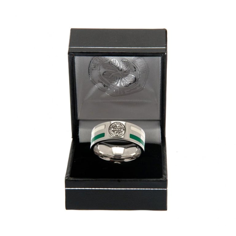 Celtic FC Colour Stripe Stainless Steel Ring - Engraved Crest Design