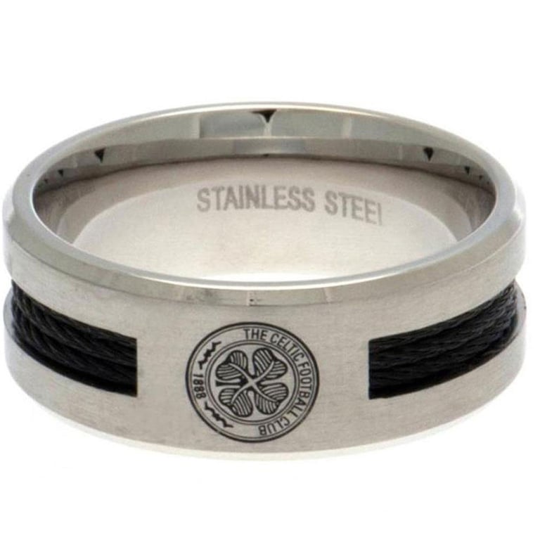 Celtic FC Black Inlay Stainless Steel Ring - Brushed Satin Crest Engraving