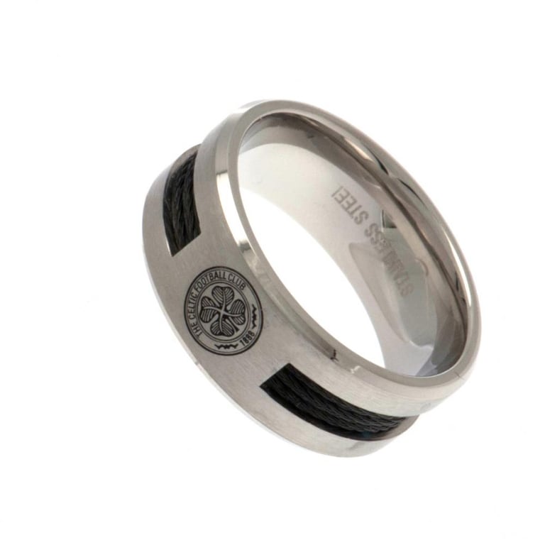 Celtic FC Black Inlay Stainless Steel Ring - Large Size, Brushed Satin Finish with Engraved Celtic Crest