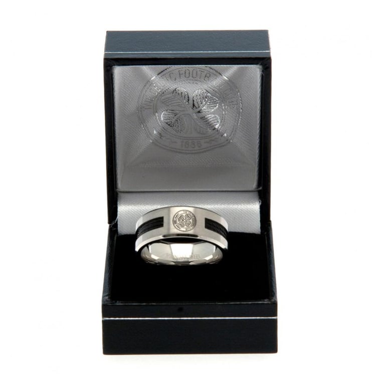 Celtic FC Black Inlay Stainless Steel Ring - Large Size, Brushed Satin Finish with Engraved Celtic Crest