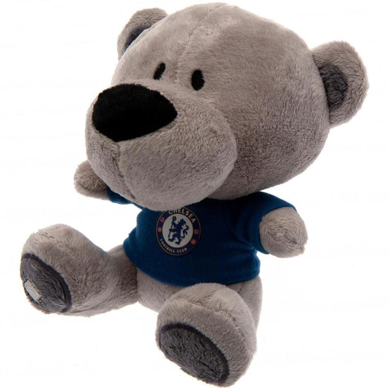 Chelsea FC 100 Polyester Soft Grey Plush Bear with Full Colour Crest and Blue T-Shirt