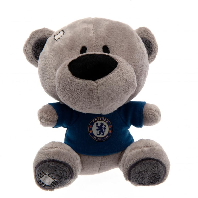 Chelsea FC 100 Polyester Soft Grey Plush Bear with Full Colour Crest and Blue T-Shirt