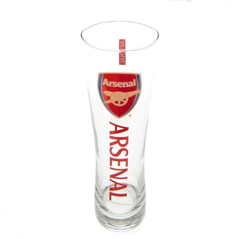 Arsenal FC Tall Slim Pilsner Style Beer Glass with Crest and Red Text Design