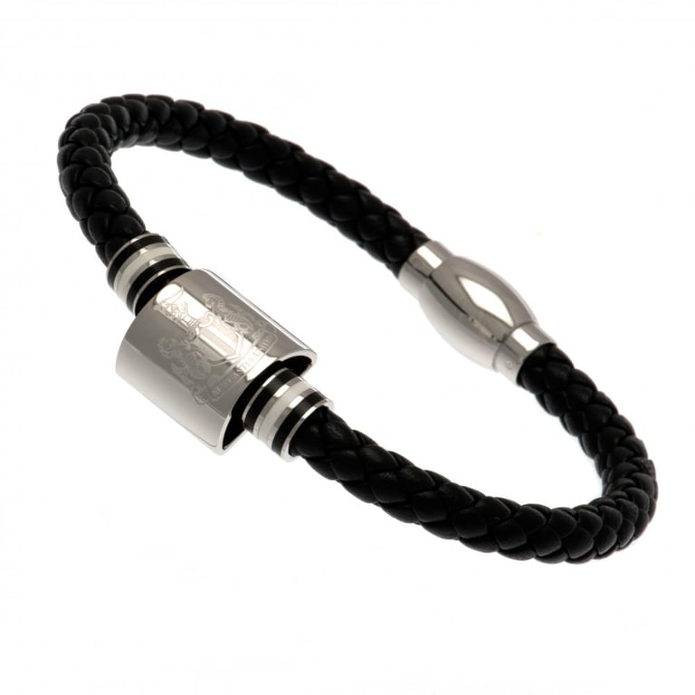 Newcastle United FC Genuine Leather Bracelet with Stainless Steel Colour Rings and Club Crest Engraving