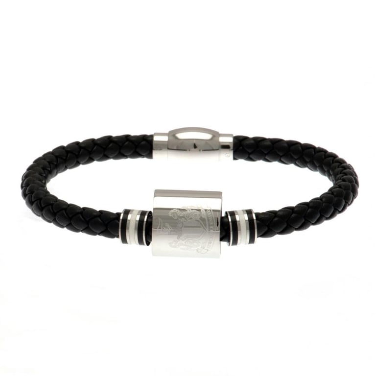 Newcastle United FC Genuine Leather Bracelet with Stainless Steel Colour Rings and Club Crest Engraving