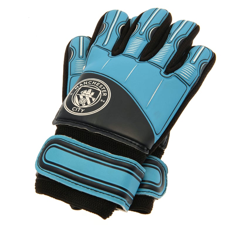 Manchester City FC Kids Blue Delta Design Goalkeeper Gloves with Elastic Strap and Latex Foam Palm