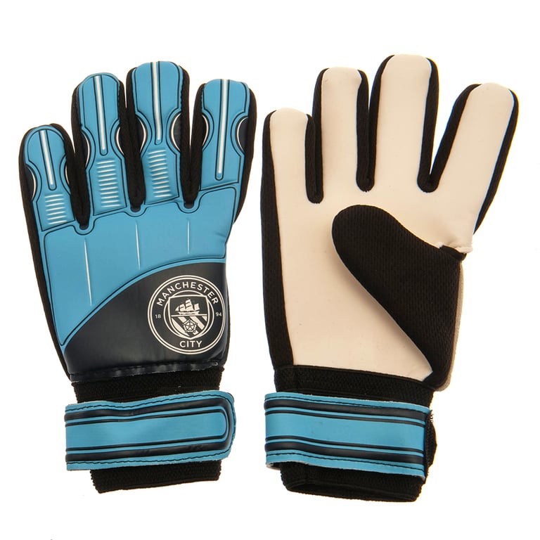 Manchester City FC Kids Blue Delta Design Goalkeeper Gloves with Elastic Strap and Latex Foam Palm