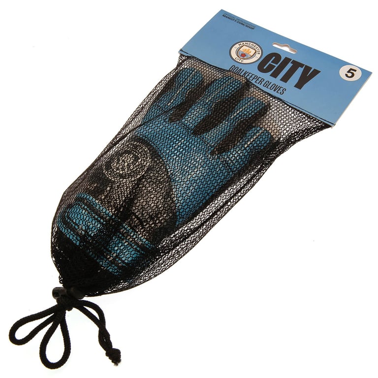 Manchester City FC Kids Blue Delta Design Goalkeeper Gloves with Elastic Strap and Latex Foam Palm