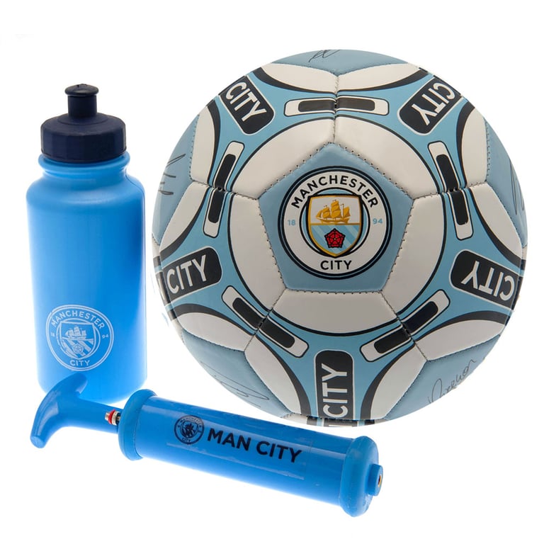 Manchester City FC Signed Training Equipment Gift Set - Includes Football, Water Bottle & Mini Hand Pump