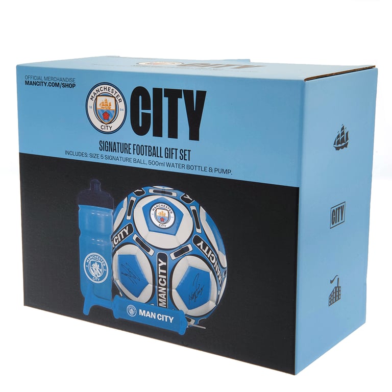Manchester City FC Signed Training Equipment Gift Set - Includes Football, Water Bottle & Mini Hand Pump