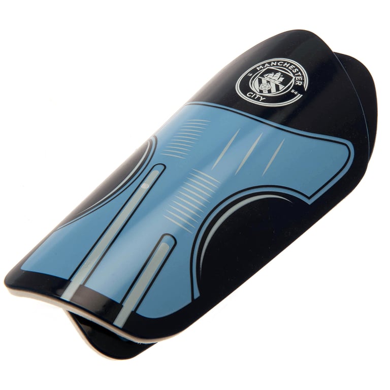 Manchester City FC Delta Design Youth Shin Guards - Thick Moulded Plastic Shell & Padded Interior Protection