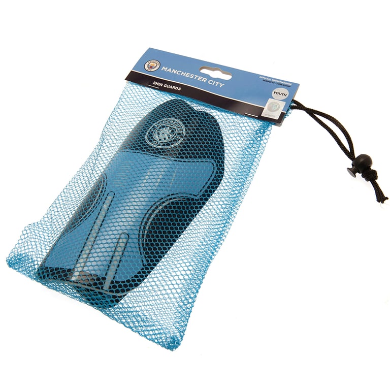 Manchester City FC Delta Design Youth Shin Guards - Thick Moulded Plastic Shell & Padded Interior Protection