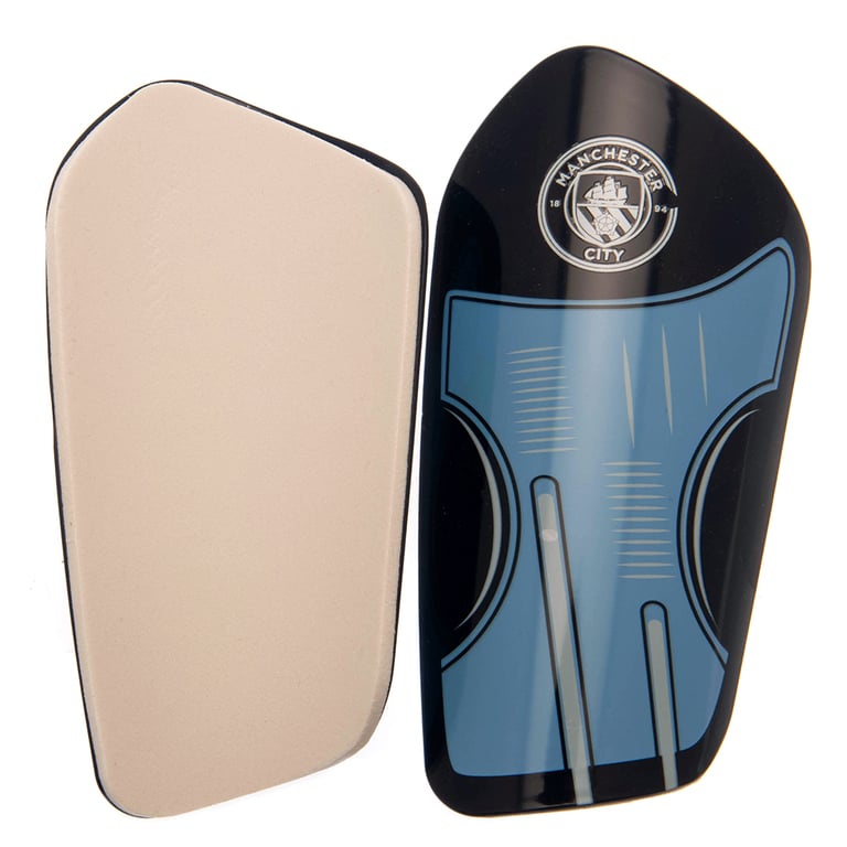 Manchester City FC Delta Design Youth Shin Guards - Thick Moulded Plastic Shell & Padded Interior Protection