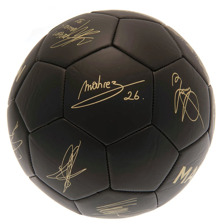 Manchester City FC Sig Gold Phantom Football - 32 Panel Synthetic Ball with Matte Black Finish and Official Player Signature Prints