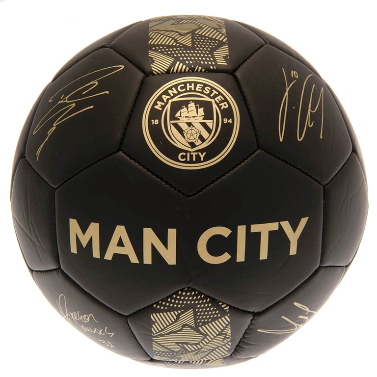 Manchester City FC Sig Gold Phantom Football - 32 Panel Synthetic Ball with Matte Black Finish and Official Player Signature Prints