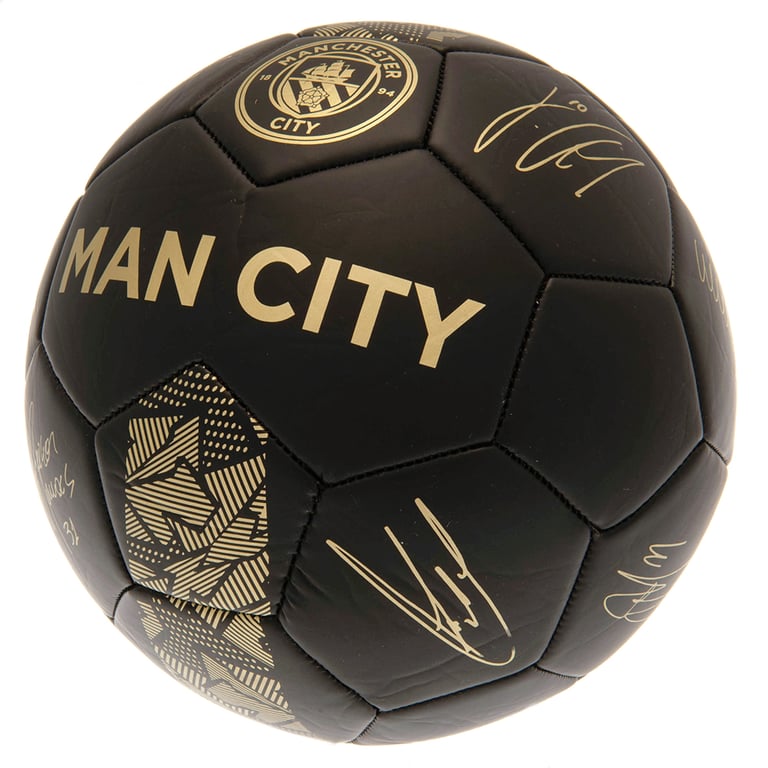 Manchester City FC Sig Gold Phantom Football - 32 Panel Synthetic Ball with Matte Black Finish and Official Player Signature Prints