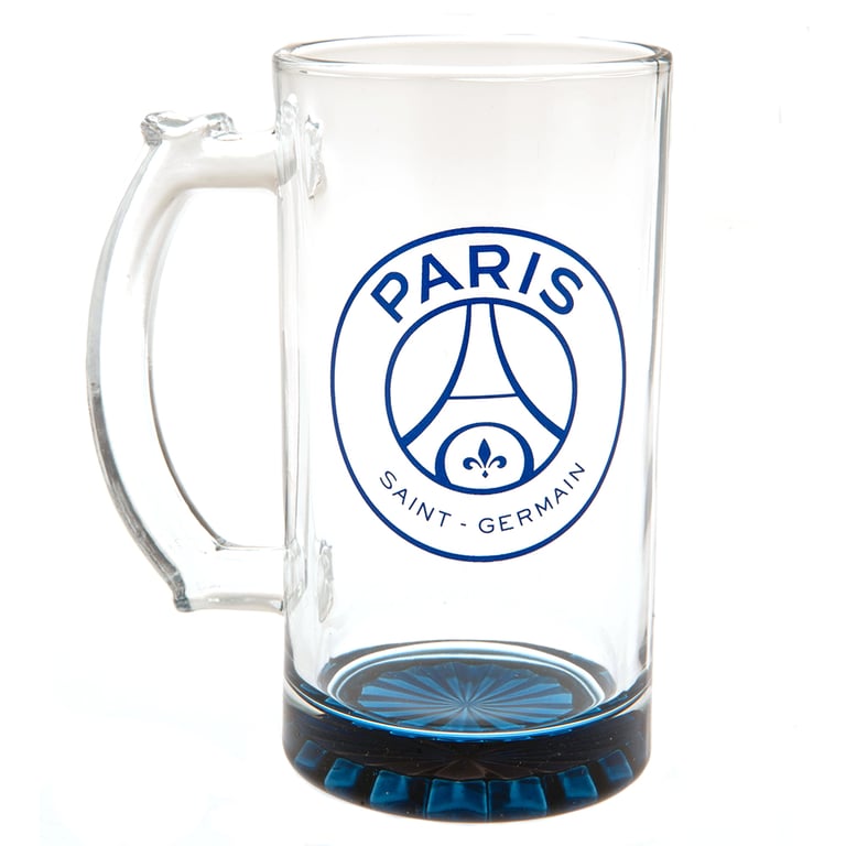 Paris Saint Germain FC Glass Stein Tankard - Official Club Crest Design, Blue Base