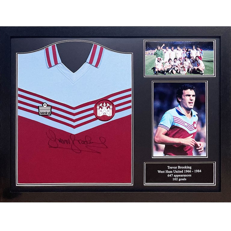 West Ham United FC 1980 Trevor Brooking Signed Replica Shirt (Framed) - Authentic Football Memorabilia