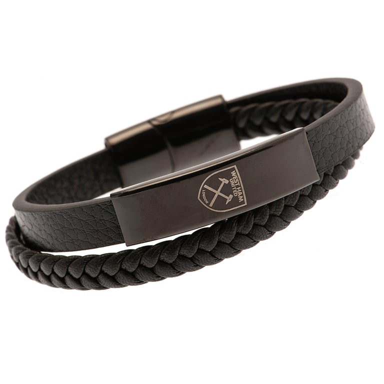 West Ham United FC Black IP Leather Engraved Hammers Logo Bracelet with Stainless Steel Clasp