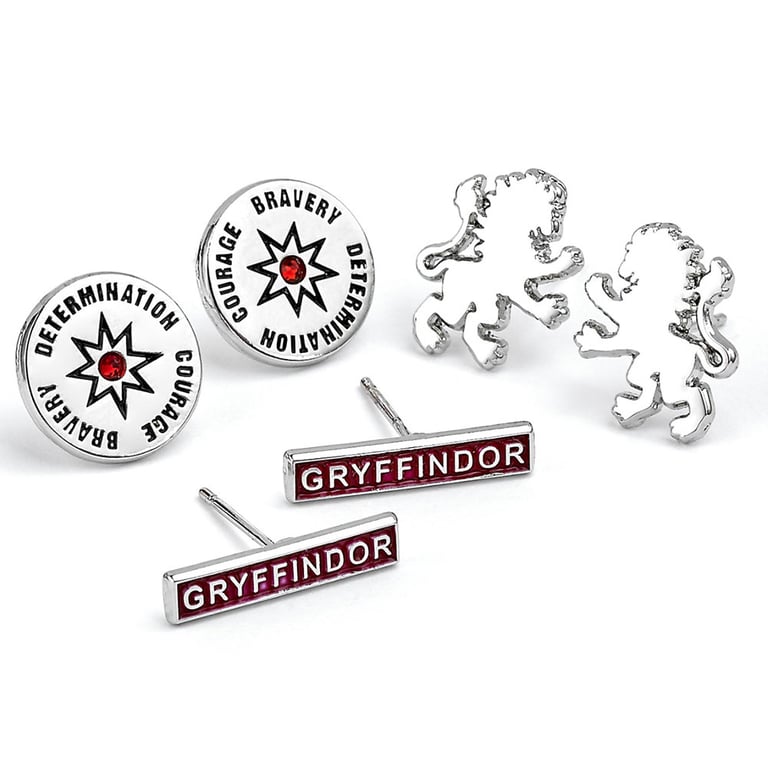 Harry Potter Silver Plated Gryffindor Earring Set - Detailed 3-Design Stud Earrings