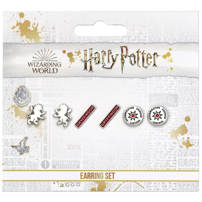 Harry Potter Silver Plated Gryffindor Earring Set - Detailed 3-Design Stud Earrings