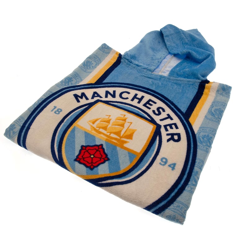 Manchester City FC Kids 100 Cotton Hooded Poncho with Soft Touch and City Crest Design