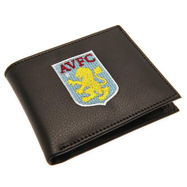 Aston Villa FC Embroidered Club Crest Black PU Wallet with 3 Card Slots and Secure Compartments
