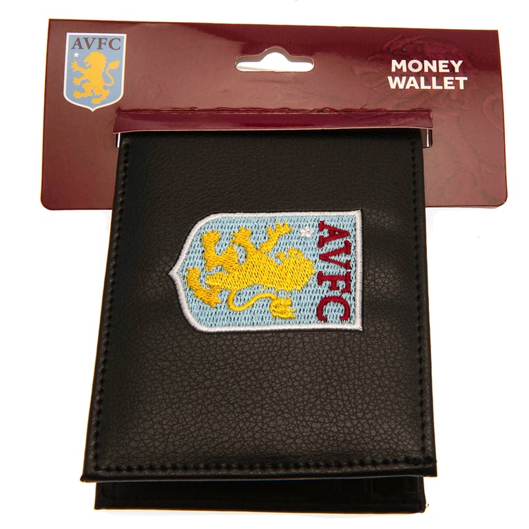Aston Villa FC Embroidered Club Crest Black PU Wallet with 3 Card Slots and Secure Compartments