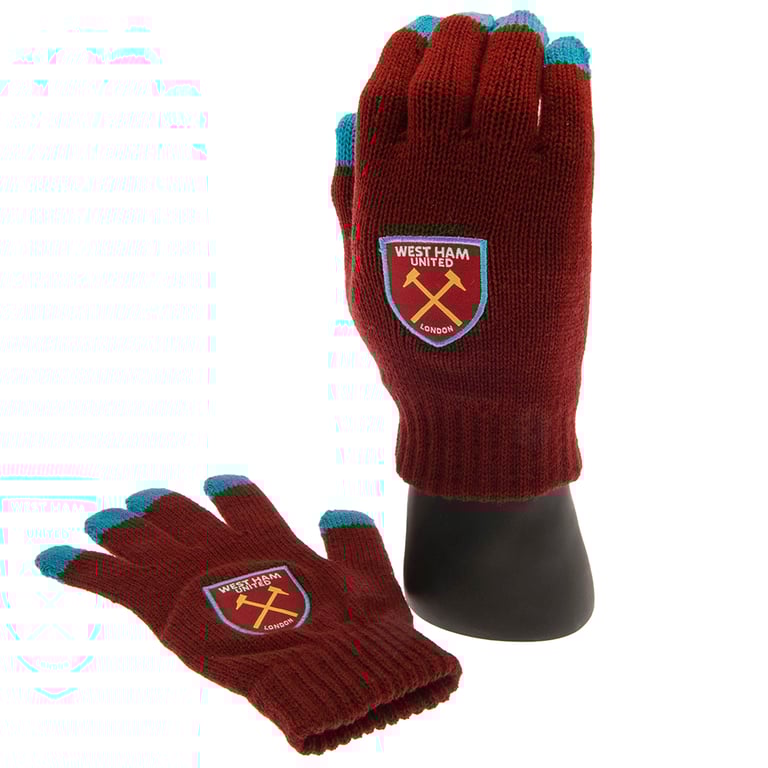West Ham United FC Junior Touchscreen Knitted Gloves with Claret Design and Blue Finger Tips