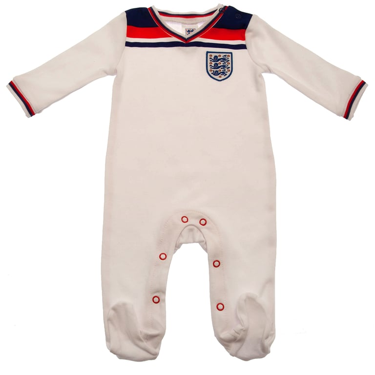 England FA 82 Retro Long Sleeved Baby Sleepsuit (6-9 Months) - White Home Colours with Embroidered Crest, Soft Cotton Construction