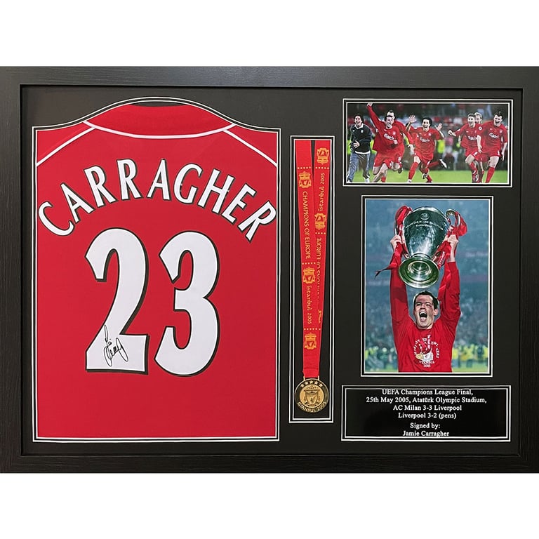 Liverpool FC Carragher Signed Shirt & Medal (Framed) - 2005 Champions League Winners Authentic Memorabilia