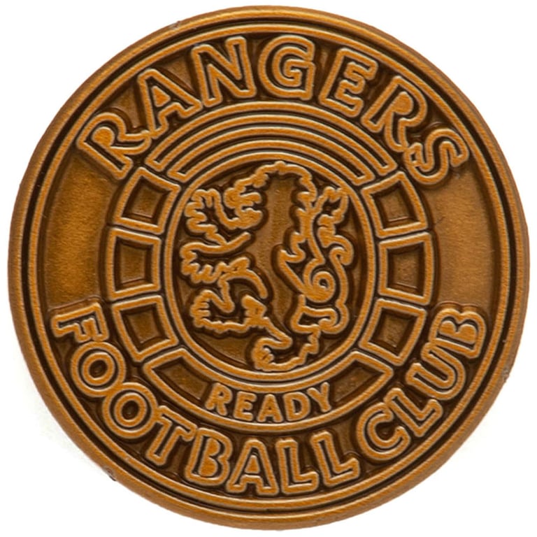 Rangers FC Antique Gold Ready Crest Metal Badge - Die Stamped Design with Butterfly Clasp Fixing