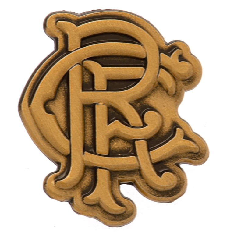 Rangers FC Antique Gold Metal Scroll Crest Badge with Die Stamped Design and Butterfly Clasp Fixing