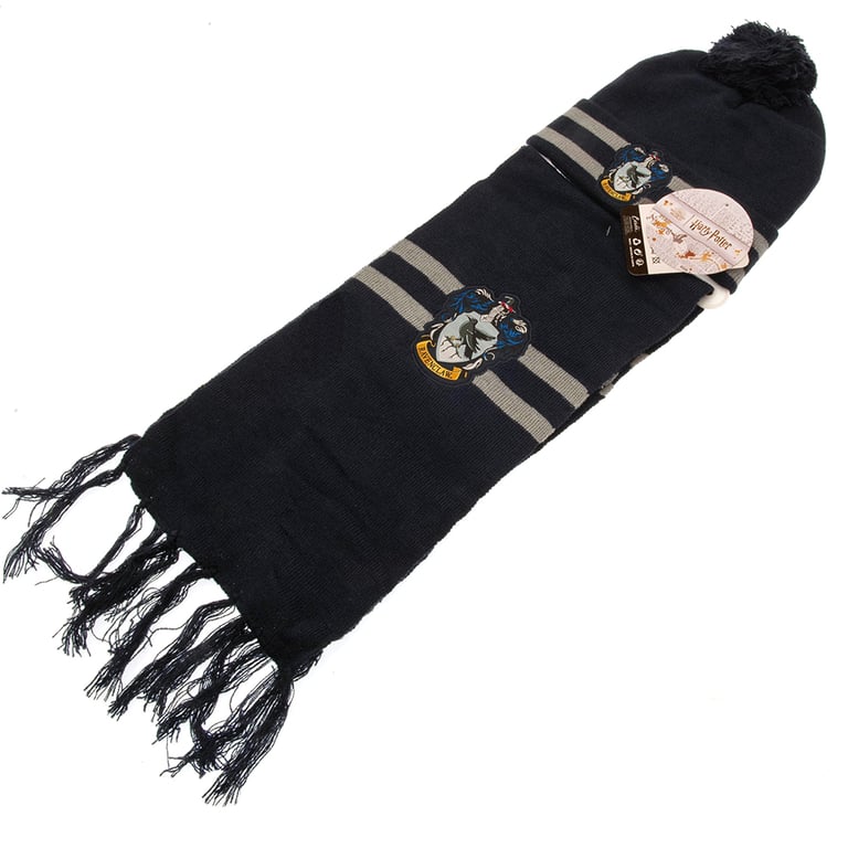 Harry Potter Junior Ravenclaw Beanie & Scarf Set - Navy Knitted Hat and Scarf with House Crest