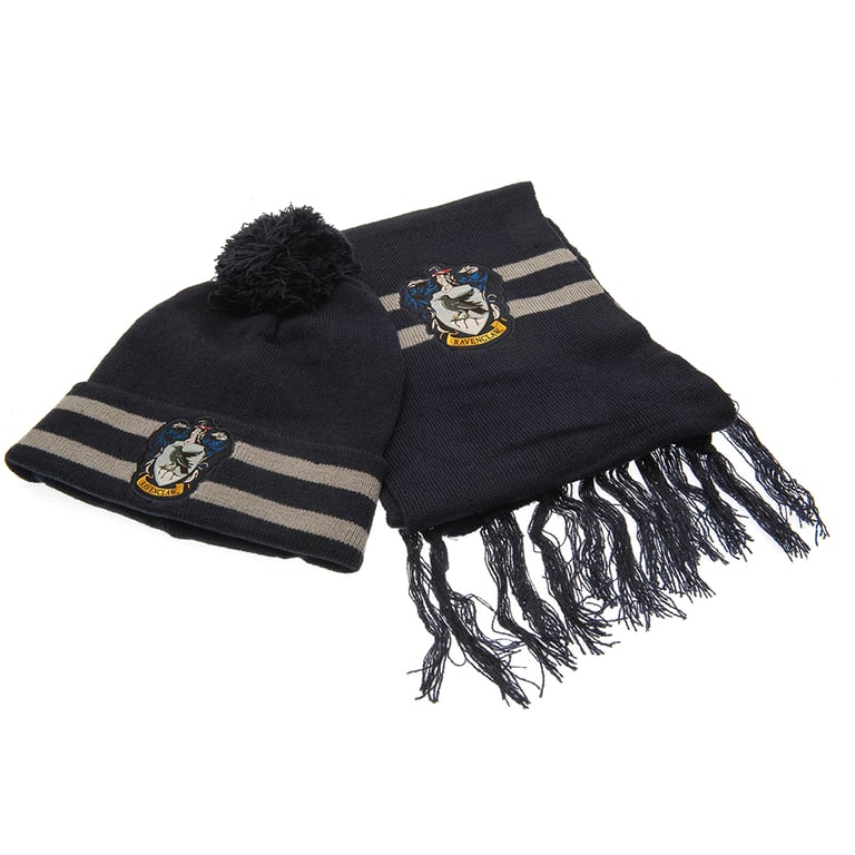 Harry Potter Junior Ravenclaw Beanie & Scarf Set - Navy Knitted Hat and Scarf with House Crest