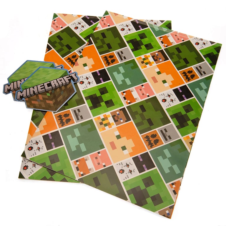 Minecraft Gift Wrap - Vibrant Wrapping Paper Sheets & Matching Logo Tags