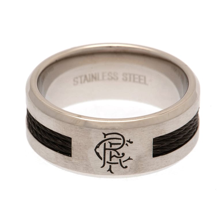 Rangers FC Black Inlay Stainless Steel Ring - Engraved Crest Design