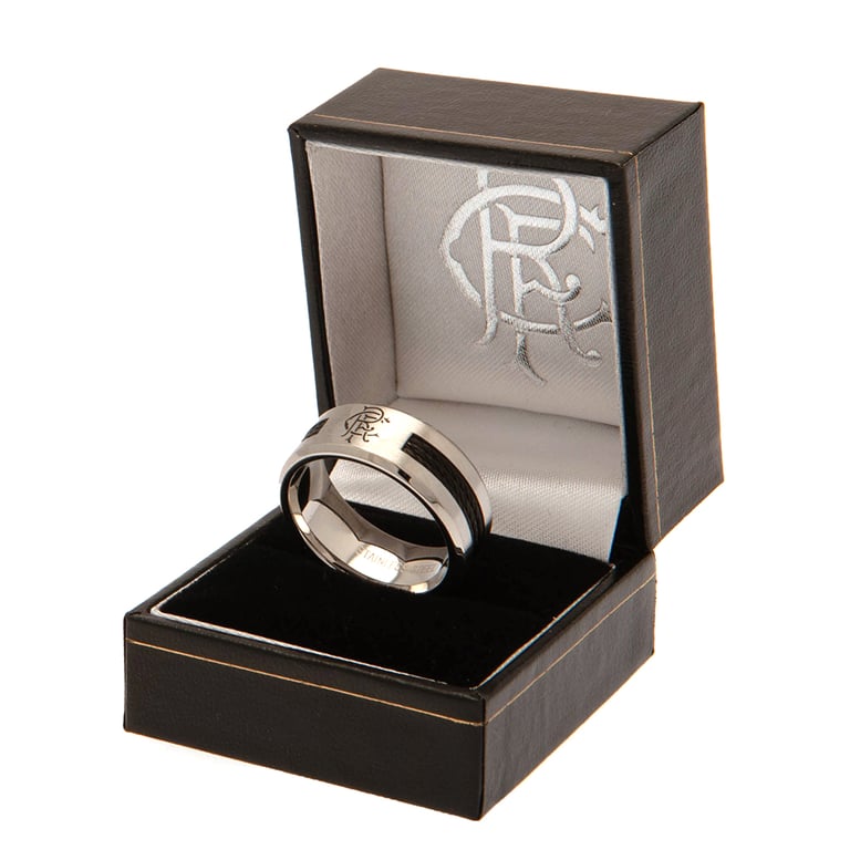 Rangers FC Black Inlay Stainless Steel Ring - Engraved Crest Design