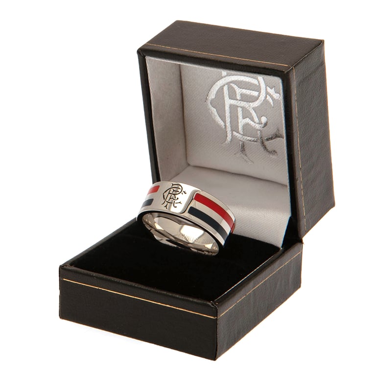 Rangers FC Colour Stripe Stainless Steel Ring with Engraved Crest