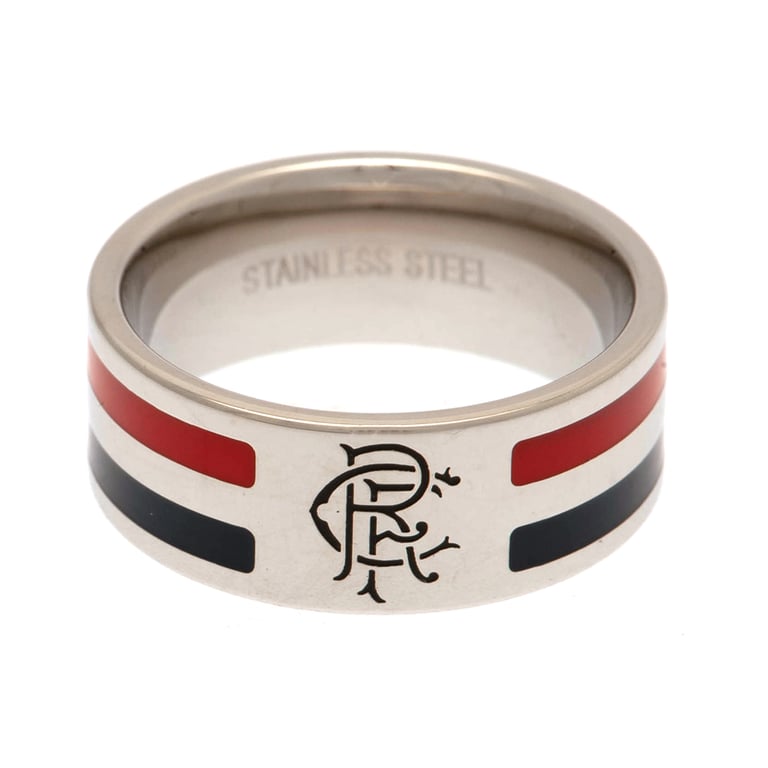 Rangers FC Colour Stripe Stainless Steel Ring with Engraved Crest