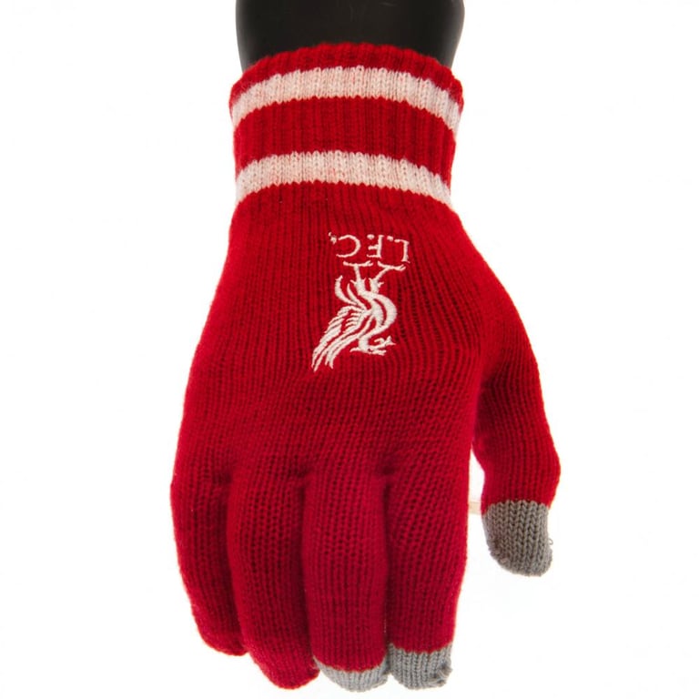 Liverpool FC Youth Touchscreen Knitted Gloves - Red with White Stripe & Embroidered Crest